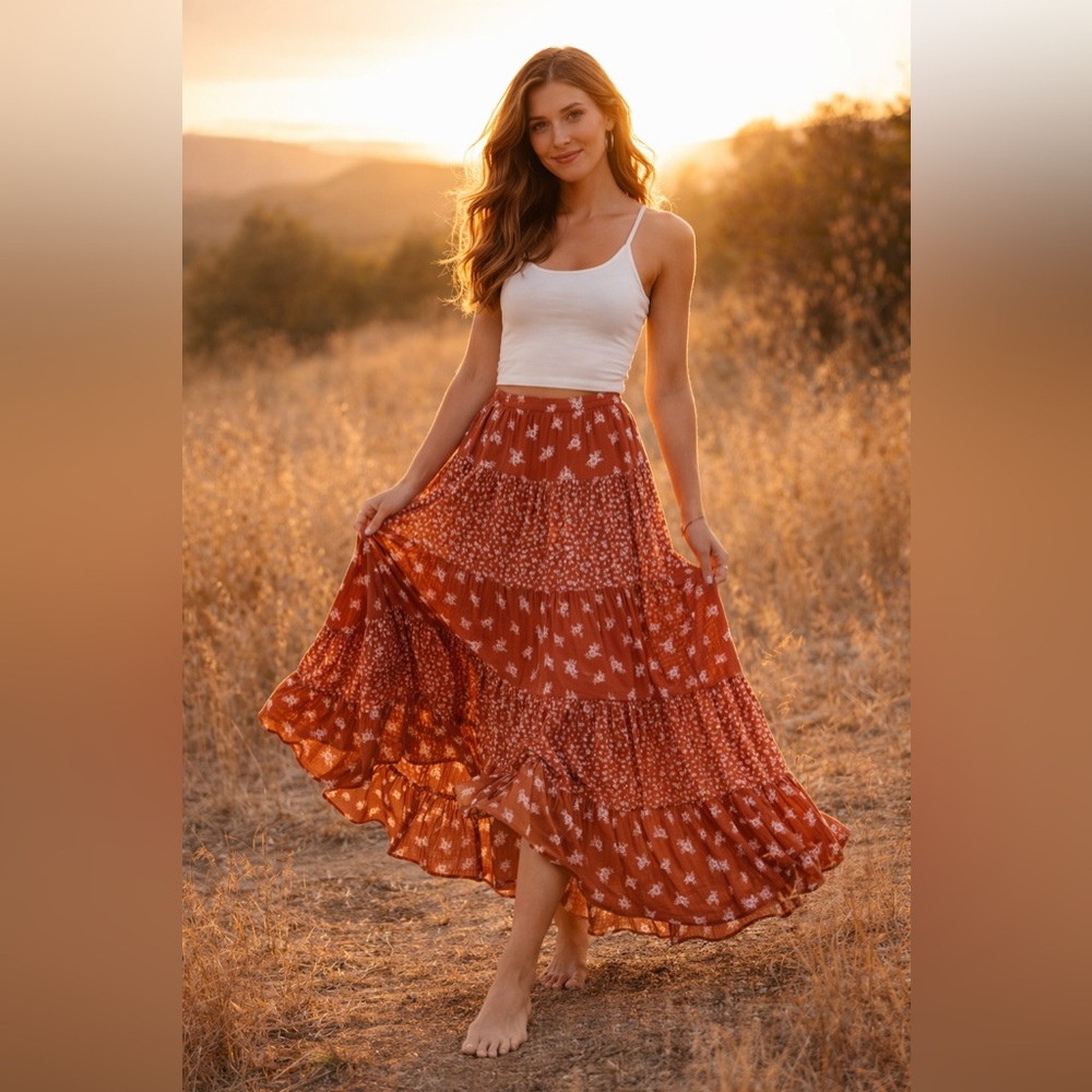 ✨ Alter’d State Rust Floral Tiered Midi Skirt – XL - Picture 2 of 10